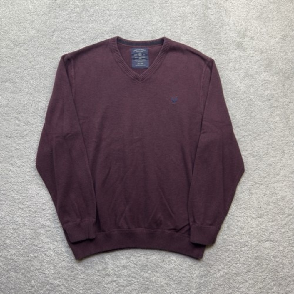 American Eagle V Neck Sweater Mens XXL Burgundy 100 Cotton Pullover Logo Preppy